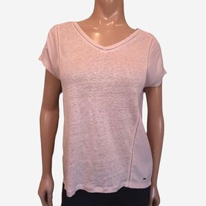 TOMMY HILFIGER Linen Panel Eyelet Tshirt Sheer Top Pink Blush Womens Size Small